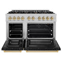 ZLINE Autograph Edition 48 in. 6.7 cu. ft. Select Double Oven Gas Range with 8 Burner Cooktop in Satin Stainless Steel with Black Matte Doors and Champagne Bronze Accents, Open Box-Great Condition
