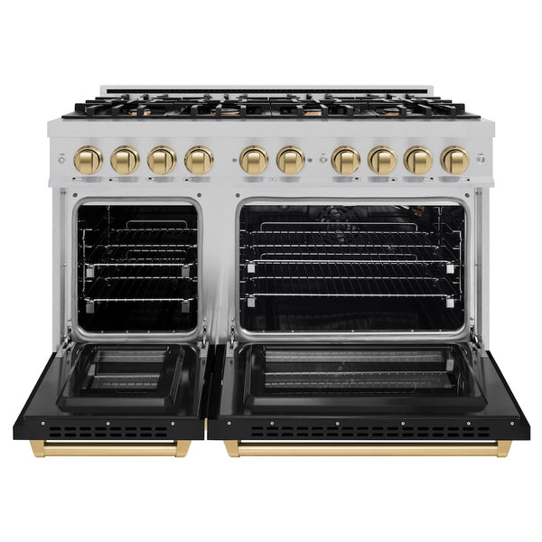 ZLINE Autograph Edition 48 in. 6.7 cu. ft. Select Double Oven Gas Range with 8 Burner Cooktop in Satin Stainless Steel with Black Matte Doors and Champagne Bronze Accents, Open Box-Great Condition
