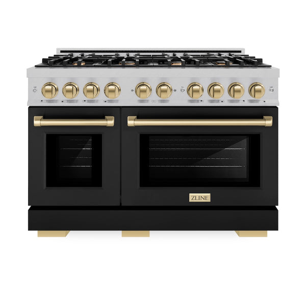 ZLINE Autograph Edition 48 in. 6.7 cu. ft. Select Double Oven Gas Range with 8 Burner Cooktop in Satin Stainless Steel with Black Matte Doors and Champagne Bronze Accents, Open Box-Great Condition