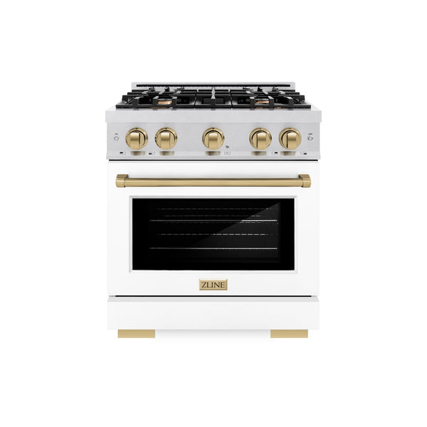 ZLINE Autograph Edition 30 in. 4.2 cu. ft. Select Gas Range with 4 Burner Cooktop and Convection Gas Oven in Satin Stainless Steel with White Matte Door and Champagne Bronze Accents, Open Box-Great Condition