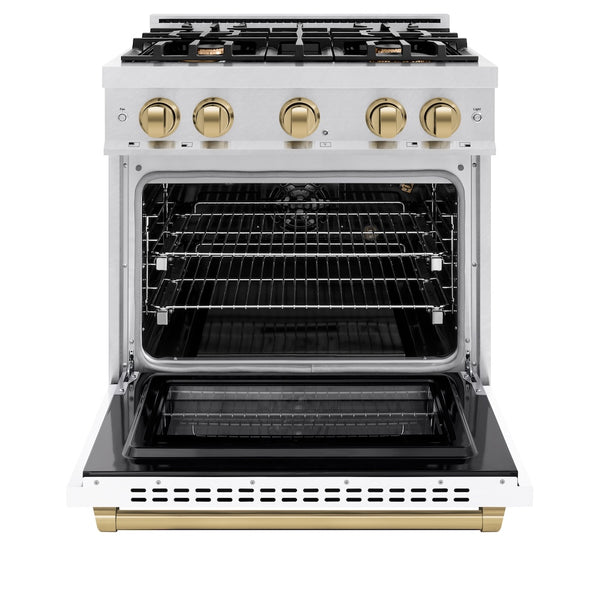 ZLINE Autograph Edition 30 in. 4.2 cu. ft. Select Gas Range with 4 Burner Cooktop and Convection Gas Oven in Satin Stainless Steel with White Matte Door and Champagne Bronze Accents, Open Box-Great Condition