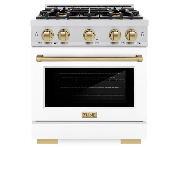 ZLINE Autograph Edition 30 in. 4.2 cu. ft. Select Gas Range with 4 Burner Cooktop and Convection Gas Oven in Satin Stainless Steel with White Matte Door and Champagne Bronze Accents (HGRSZ-WM-30-CB)