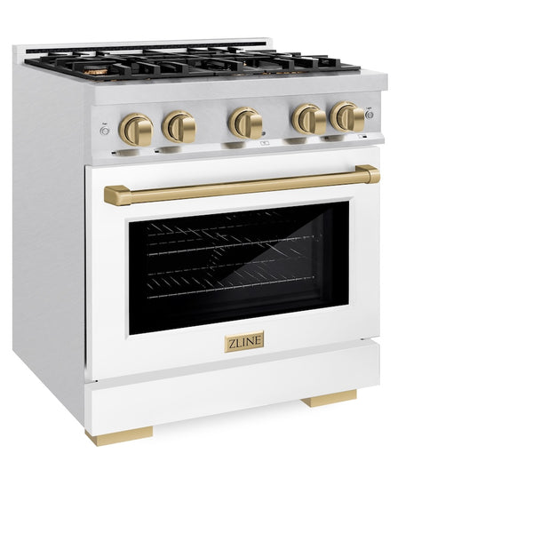 ZLINE Autograph Edition 30 in. 4.2 cu. ft. Select Gas Range with 4 Burner Cooktop and Convection Gas Oven in Satin Stainless Steel with White Matte Door and Champagne Bronze Accents, Open Box-Great Condition