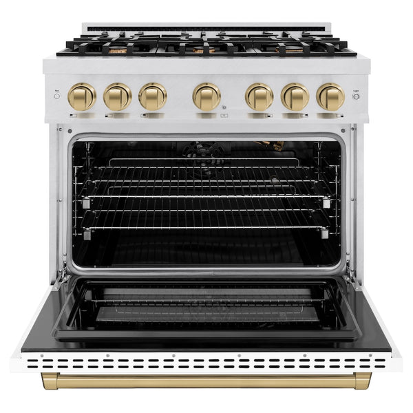 ZLINE Autograph Edition 36 in. 5.2 cu. ft. Select Gas Range with 6 Burner Cooktop and Convection Gas Oven in Satin Stainless Steel with White Matte Door and Champagne Bronze Accents, Open Box-Great Condition