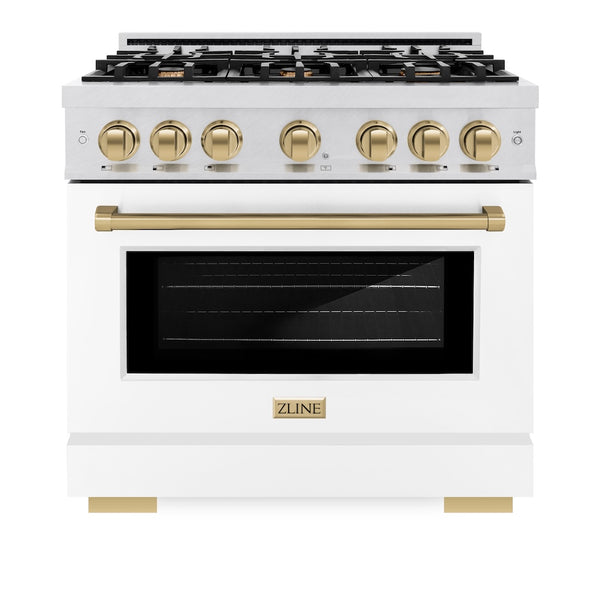ZLINE Autograph Edition 36 in. 5.2 cu. ft. Select Gas Range with 6 Burner Cooktop and Convection Gas Oven in Satin Stainless Steel with White Matte Door and Champagne Bronze Accents, Open Box-Great Condition