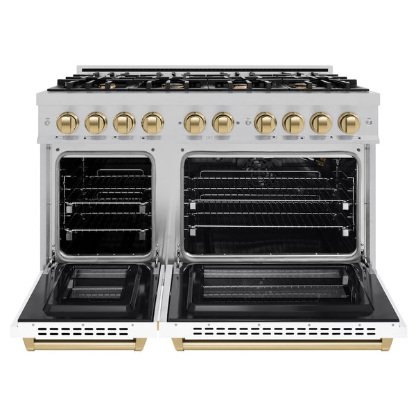 ZLINE Autograph Edition 48 in. 6.7 cu. ft. Select Double Oven Gas Range with 8 Burner Cooktop in Satin Stainless Steel with White Matte Doors and Champagne Bronze Accents, Open Box-Great Condition