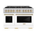 ZLINE Autograph Edition 48 in. 6.7 cu. ft. Select Double Oven Gas Range with 8 Burner Cooktop in Satin Stainless Steel with White Matte Doors and Champagne Bronze Accents, Open Box-Great Condition