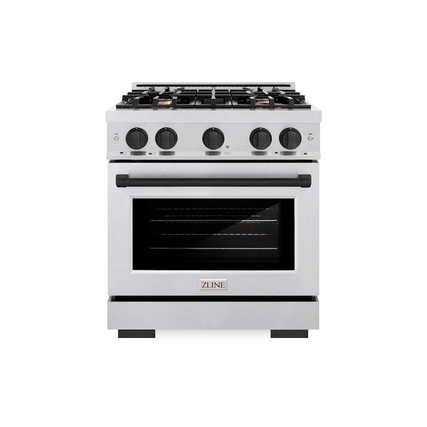 ZLINE Autograph Edition 30 in. 4.2 cu. ft. Select Gas Range with 4 Burner Cooktop and Convection Gas Oven in Satin Stainless Steel and Matte Black Accents, Open Box-Great Condition