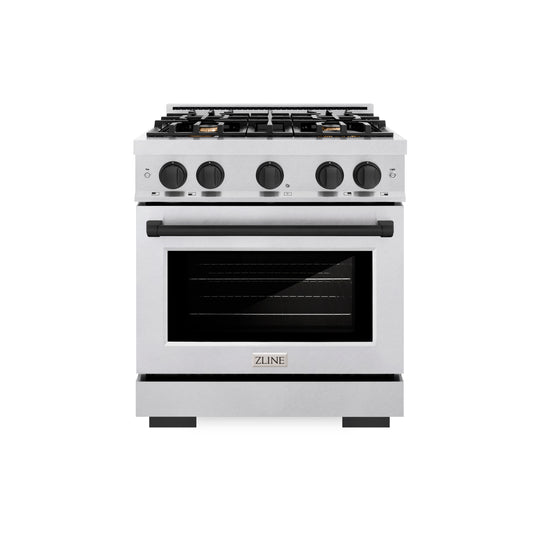 ZLINE Autograph Edition 30 in. 4.2 cu. ft. Select Gas Range with 4 Burner Cooktop and Convection Gas Oven in Satin Stainless Steel and Matte Black Accents (HGRSZ-30-MB)
