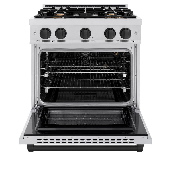 ZLINE Autograph Edition 30 in. 4.2 cu. ft. Select Gas Range with 4 Burner Cooktop and Convection Gas Oven in Satin Stainless Steel and Matte Black Accents, Open Box-Great Condition