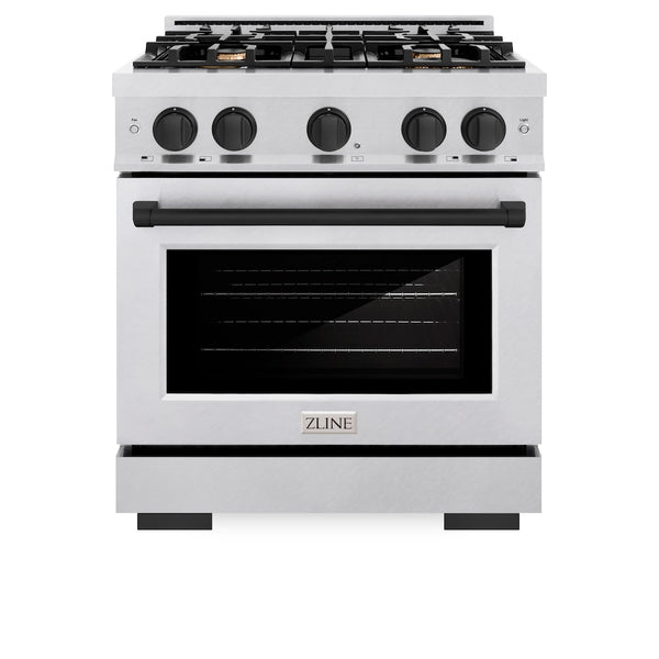 ZLINE Autograph Edition 30 in. 4.2 cu. ft. Select Gas Range with 4 Burner Cooktop and Convection Gas Oven in Satin Stainless Steel and Matte Black Accents, Open Box-Great Condition