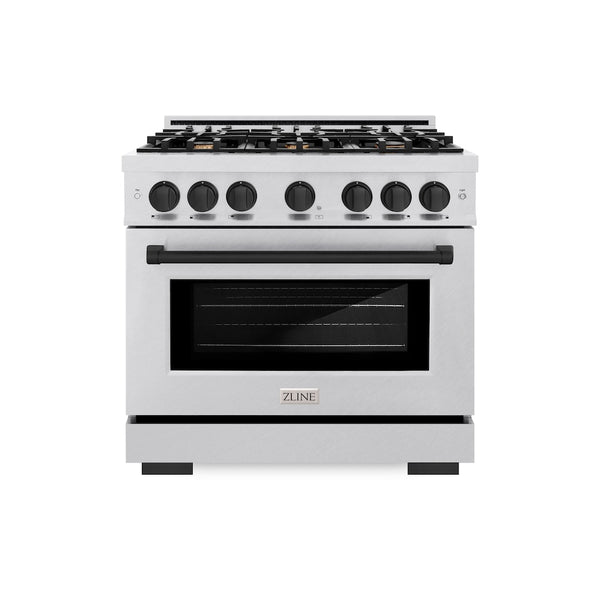 ZLINE Autograph Edition 36 in. 5.2 cu. ft. Select Gas Range with 6 Burner Cooktop and Convection Gas Oven in Satin Stainless Steel and Matte Black Accents, Open Box-Great Condition