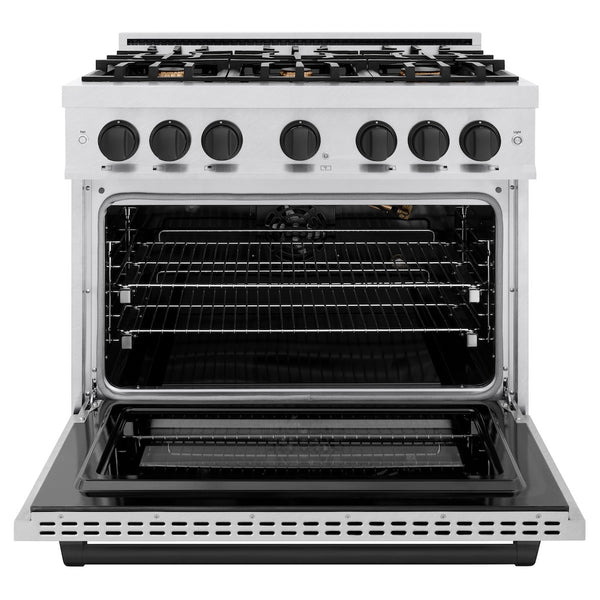 ZLINE Autograph Edition 36 in. 5.2 cu. ft. Select Gas Range with 6 Burner Cooktop and Convection Gas Oven in Satin Stainless Steel and Matte Black Accents, Open Box-Great Condition