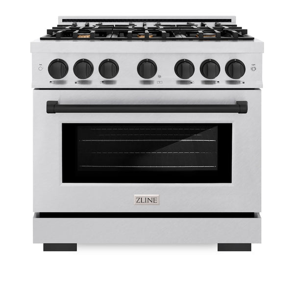 ZLINE Autograph Edition 36 in. 5.2 cu. ft. Select Gas Range with 6 Burner Cooktop and Convection Gas Oven in Satin Stainless Steel and Matte Black Accents, Open Box-Great Condition
