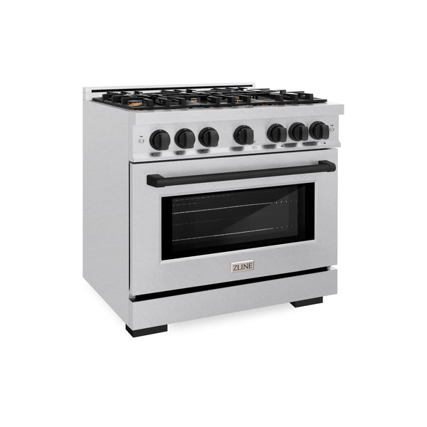 ZLINE Autograph Edition 36 in. 5.2 cu. ft. Select Gas Range with 6 Burner Cooktop and Convection Gas Oven in Satin Stainless Steel and Matte Black Accents (HGRSZ-36-MB)