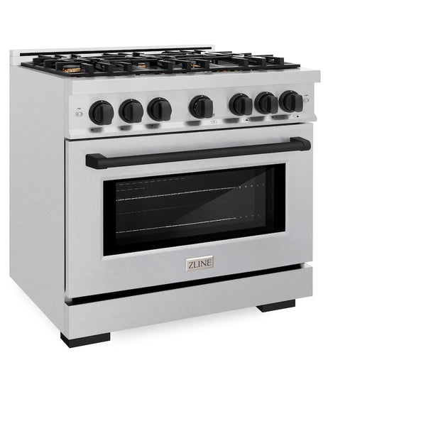 ZLINE Autograph Edition 36 in. 5.2 cu. ft. Select Gas Range with 6 Burner Cooktop and Convection Gas Oven in Satin Stainless Steel and Matte Black Accents, Open Box-Great Condition