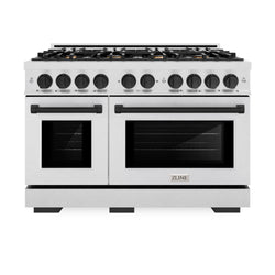 ZLINE Autograph Edition 48 in. 6.7 cu. ft. Select Double Oven Gas Range with 8 Burner Cooktop in Satin Stainless Steel and Matte Black Accents (HGRSZ-48-MB)