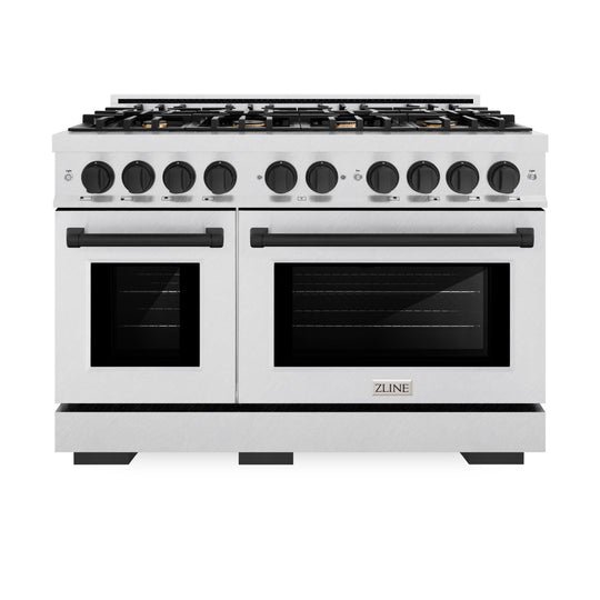 ZLINE Autograph Edition 48 in. 6.7 cu. ft. Select Double Oven Gas Range with 8 Burner Cooktop in Satin Stainless Steel and Matte Black Accents (HGRSZ-48-MB)