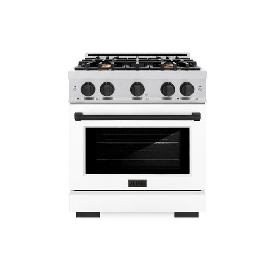 ZLINE Autograph Edition 30 in. 4.2 cu. ft. Select Gas Range with 4 Burner Cooktop and Convection Gas Oven in Satin Stainless Steel with White Matte Door and Matte Black Accents (HGRSZ-WM-30-MB)