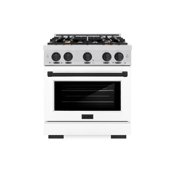 ZLINE Autograph Edition 30 in. 4.2 cu. ft. Select Gas Range with 4 Burner Cooktop and Convection Gas Oven in Satin Stainless Steel with White Matte Door and Matte Black Accents, Open Box-Great Condition