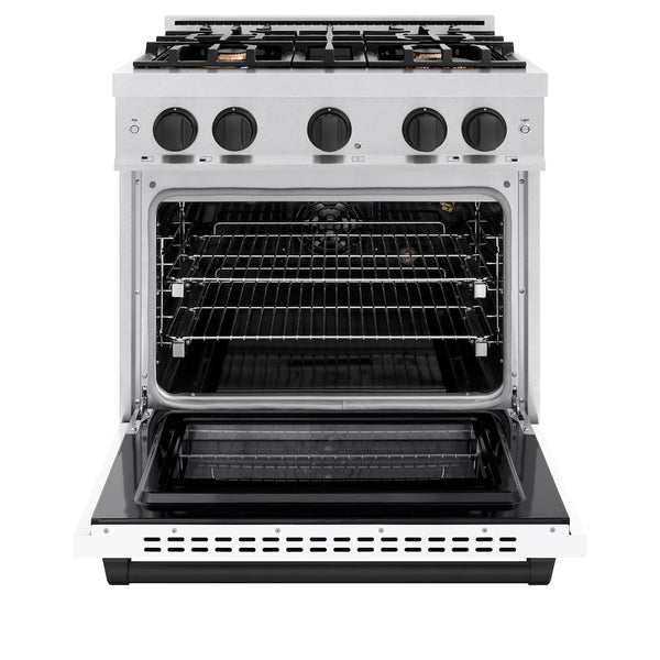 ZLINE Autograph Edition 30 in. 4.2 cu. ft. Select Gas Range with 4 Burner Cooktop and Convection Gas Oven in Satin Stainless Steel with White Matte Door and Matte Black Accents, Open Box-Great Condition