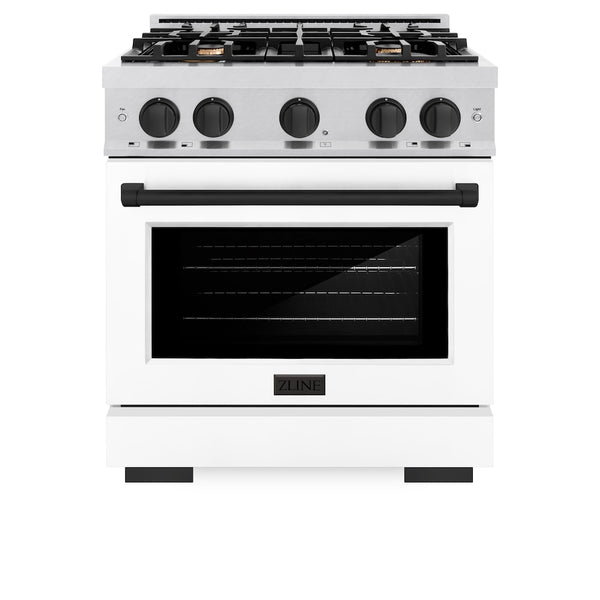 ZLINE Autograph Edition 30 in. 4.2 cu. ft. Select Gas Range with 4 Burner Cooktop and Convection Gas Oven in Satin Stainless Steel with White Matte Door and Matte Black Accents, Open Box-Great Condition