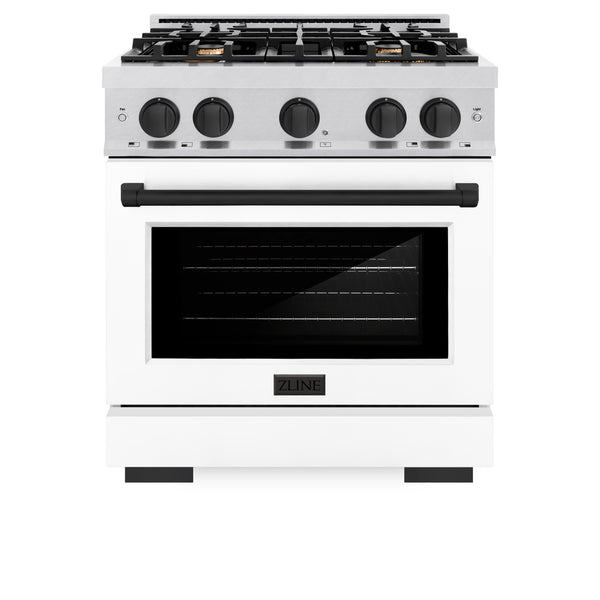 ZLINE Autograph Edition 30 in. 4.2 cu. ft. Select Gas Range with 4 Burner Cooktop and Convection Gas Oven in Satin Stainless Steel with White Matte Door and Matte Black Accents (HGRSZ-WM-30-MB)