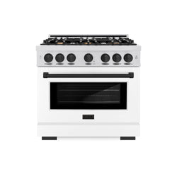 ZLINE Autograph Edition 36 in. 5.2 cu. ft. Select Gas Range with 6 Burner Cooktop and Convection Gas Oven in Satin Stainless Steel with White Matte Door and Matte Black Accents (HGRSZ-WM-36-MB)