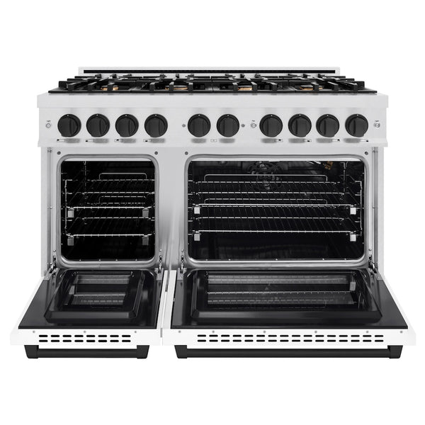 ZLINE Autograph Edition 48 in. 6.7 cu. ft. Select Double Oven Gas Range with 8 Burner Cooktop in Satin Stainless Steel with White Matte Doors and Matte Black Accents, Open Box-Great Condition