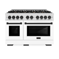 ZLINE Autograph Edition 48 in. 6.7 cu. ft. Select Double Oven Gas Range with 8 Burner Cooktop in Satin Stainless Steel with White Matte Doors and Matte Black Accents (HGRSZ-WM-48-MB)