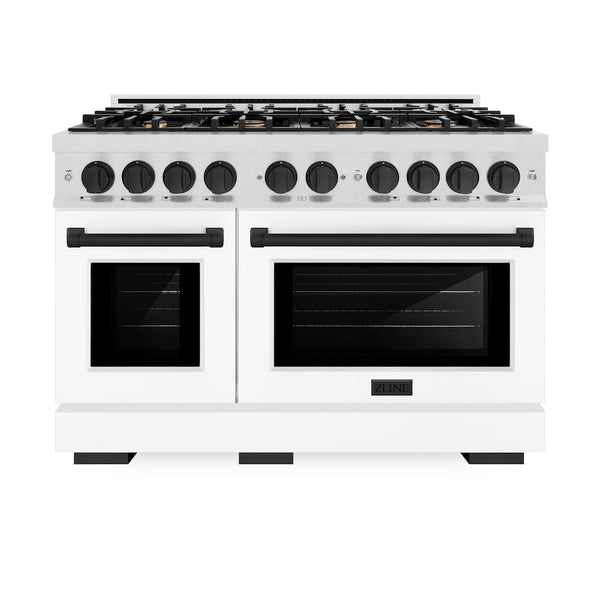 ZLINE Autograph Edition 48 in. 6.7 cu. ft. Select Double Oven Gas Range with 8 Burner Cooktop in Satin Stainless Steel with White Matte Doors and Matte Black Accents, Open Box-Great Condition