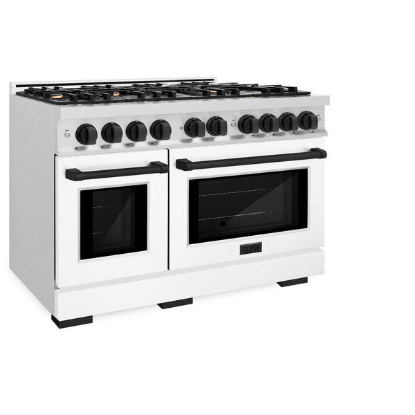ZLINE Autograph Edition 48 in. 6.7 cu. ft. Select Double Oven Gas Range with 8 Burner Cooktop in Satin Stainless Steel with White Matte Doors and Matte Black Accents (HGRSZ-WM-48-MB)