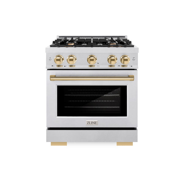 ZLINE Autograph Edition 30 in. 4.2 cu. ft. Select Dual Fuel Range with 4 Burner Gas Cooktop and Electric Convection Oven in Satin Stainless Steel with Polished Gold Accents, Open Box-Great Condition