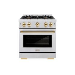 ZLINE Autograph Edition 30 in. 4.2 cu. ft. Select Dual Fuel Range with 4 Burner Gas Cooktop and Electric Convection Oven in Satin Stainless Steel with Polished Gold Accents (HDRSZ-30-G)