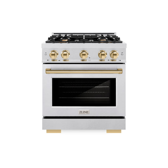 ZLINE Autograph Edition 30 in. 4.2 cu. ft. Select Dual Fuel Range with 4 Burner Gas Cooktop and Electric Convection Oven in Satin Stainless Steel with Polished Gold Accents (HDRSZ-30-G)