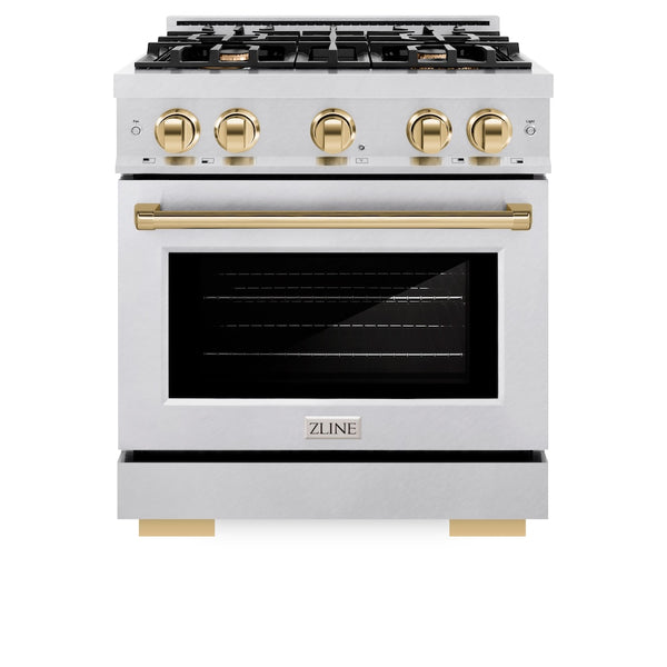 ZLINE Autograph Edition 30 in. 4.2 cu. ft. Select Dual Fuel Range with 4 Burner Gas Cooktop and Electric Convection Oven in Satin Stainless Steel with Polished Gold Accents, Open Box-Great Condition