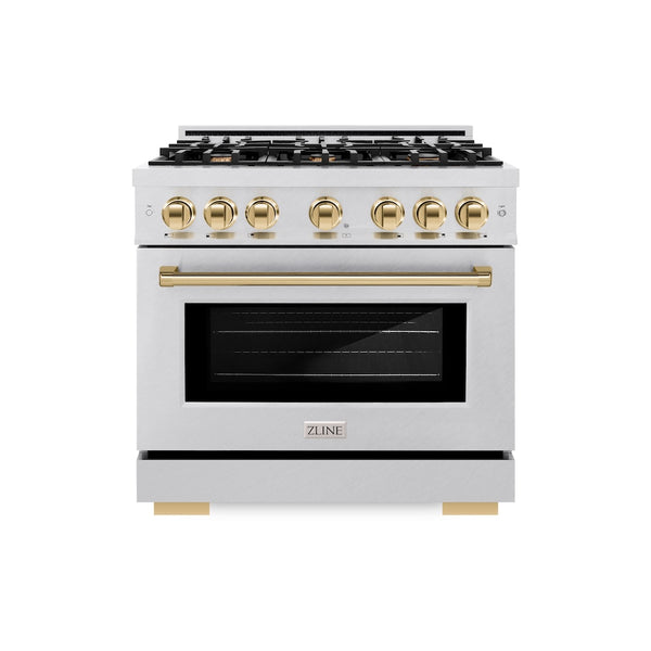 ZLINE Autograph Edition 36 in. 5.2 cu. ft. Select Dual Fuel Range with 6 Burner Gas Cooktop and Electric Convection Oven in Satin Stainless Steel with Polished Gold Accents, Open Box-Great Condition