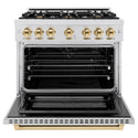 ZLINE Autograph Edition 36 in. 5.2 cu. ft. Select Dual Fuel Range with 6 Burner Gas Cooktop and Electric Convection Oven in Satin Stainless Steel with Polished Gold Accents (HDRSZ-36-G)