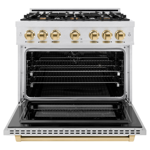 ZLINE Autograph Edition 36 in. 5.2 cu. ft. Select Dual Fuel Range with 6 Burner Gas Cooktop and Electric Convection Oven in Satin Stainless Steel with Polished Gold Accents (HDRSZ-36-G)