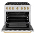 ZLINE Autograph Edition 36 in. 5.2 cu. ft. Select Dual Fuel Range with 6 Burner Gas Cooktop and Electric Convection Oven in Satin Stainless Steel with Polished Gold Accents, Open Box-Great Condition