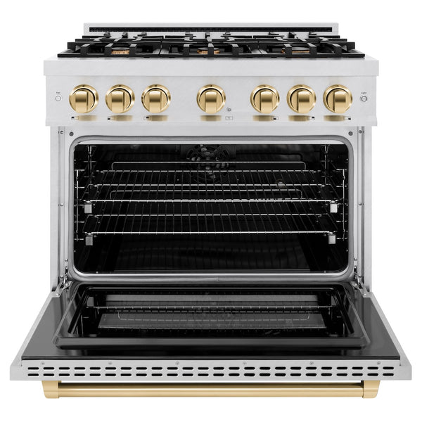 ZLINE Autograph Edition 36 in. 5.2 cu. ft. Select Dual Fuel Range with 6 Burner Gas Cooktop and Electric Convection Oven in Satin Stainless Steel with Polished Gold Accents, Open Box-Great Condition