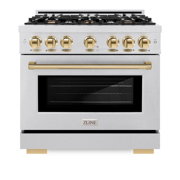 ZLINE Autograph Edition 36 in. 5.2 cu. ft. Select Dual Fuel Range with 6 Burner Gas Cooktop and Electric Convection Oven in Satin Stainless Steel with Polished Gold Accents, Open Box-Great Condition