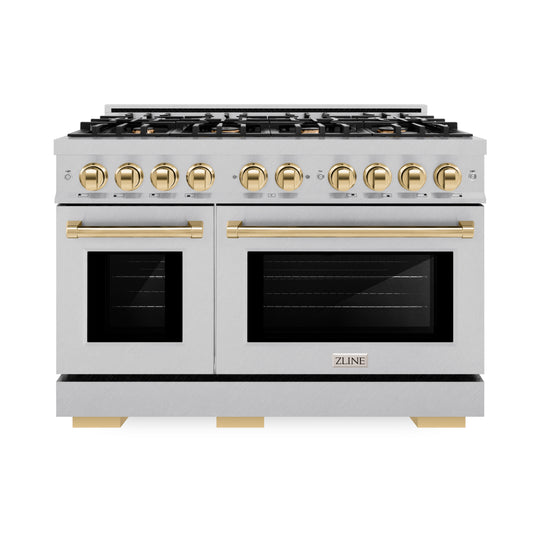 ZLINE Autograph Edition 48 in. 6.7 cu. ft. Select Double Oven Dual Fuel Range with 8 Burner Gas Cooktop in Satin Stainless Steel and Polished Gold Accents (HDRSZ-48-G)