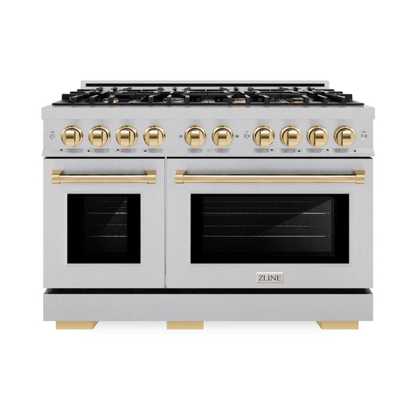 ZLINE Autograph Edition 48 in. 6.7 cu. ft. Select Double Oven Dual Fuel Range with 8 Burner Gas Cooktop in Satin Stainless Steel and Polished Gold Accents, Open Box-Great Condition
