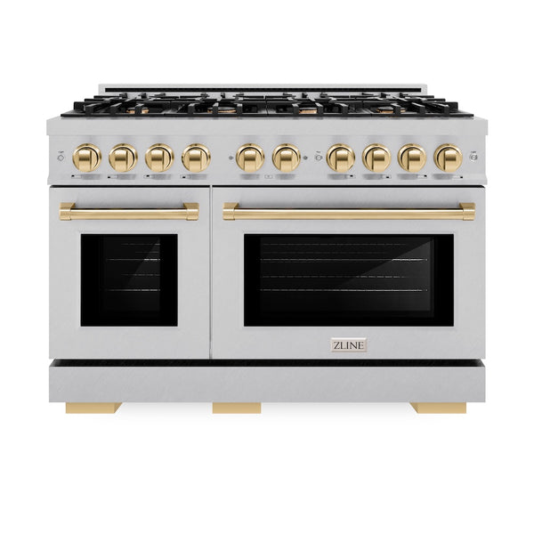 ZLINE Autograph Edition 48 in. 6.7 cu. ft. Select Double Oven Dual Fuel Range with 8 Burner Gas Cooktop in Satin Stainless Steel and Polished Gold Accents, Open Box-Great Condition