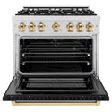 ZLINE Autograph Edition 36 in. 5.2 cu. ft. Select Dual Fuel Range with 6 Burner Gas Cooktop and Electric Convection Oven in Satin Stainless Steel with Black Matte Door and Polished Gold Accents, Open Box-Great Condition