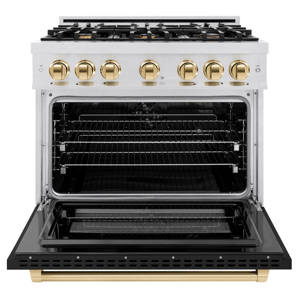 ZLINE Autograph Edition 36 in. 5.2 cu. ft. Select Dual Fuel Range with 6 Burner Gas Cooktop and Electric Convection Oven in Satin Stainless Steel with Black Matte Door and Polished Gold Accents, Open Box-Great Condition