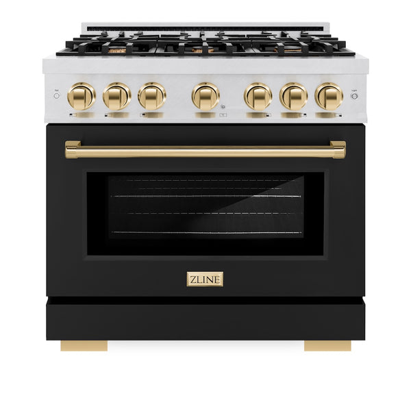 ZLINE Autograph Edition 36 in. 5.2 cu. ft. Select Dual Fuel Range with 6 Burner Gas Cooktop and Electric Convection Oven in Satin Stainless Steel with Black Matte Door and Polished Gold Accents, Open Box-Great Condition
