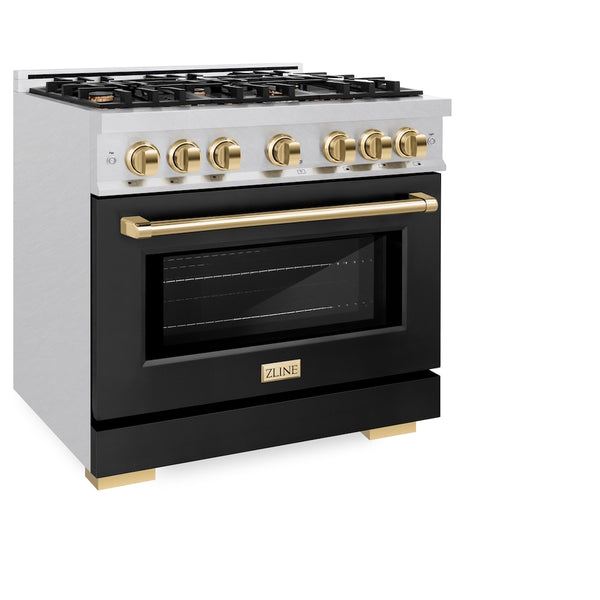 ZLINE Autograph Edition 36 in. 5.2 cu. ft. Select Dual Fuel Range with 6 Burner Gas Cooktop and Electric Convection Oven in Satin Stainless Steel with Black Matte Door and Polished Gold Accents, Open Box-Great Condition