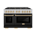 ZLINE Autograph Edition 48 in. 6.7 cu. ft. Select Double Oven Dual Fuel Range with 8 Burner Gas Cooktop in Satin Stainless Steel with Black Matte Doors and Polished Gold Accents, Open Box-Great Condition